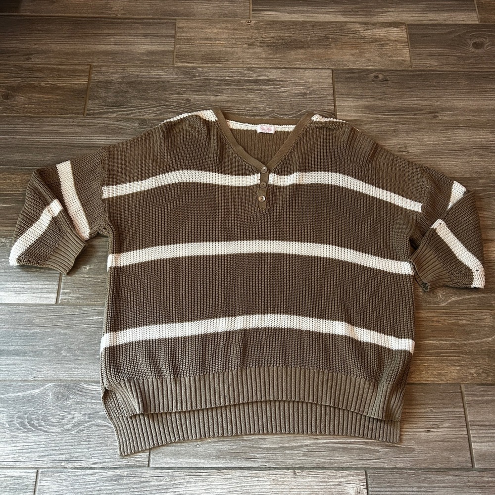 Pink Lily Striped V Neck Button Up Knit Sweater Women XL Olive Green Brown White